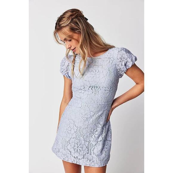 Free People Hailee Dress Lace Puff Sleeve A-Line Mini Twinkling Perry Blue NWT S - Picture 1 of 9